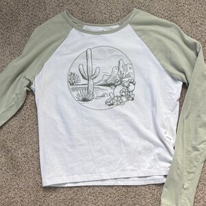 Hollister Women's Sage Green and White Graphic long sleeve Top